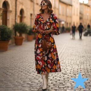 Maeve Dress Women Sz 10 Midi Maxi Anthropologie Fall Floral Wine Gold Black